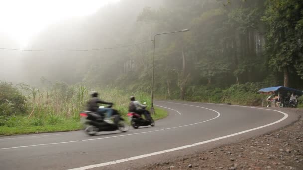 KINTAMANI, INDONESIA - 26 de enero de 2013. Niebla pesada en el camino mal tiempo para conducir moto. Camino a través de bosque de selva siempre verde brumoso. Temporada de lluvias invernales. Países Bajos . — Vídeos de Stock