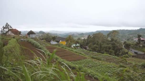 Panorama vista sobre campos agrícolas perto do vulcão Batur Kintamani. Inverno estação chuvosa e nublada. Bali Indonésia . — Vídeo de Stock