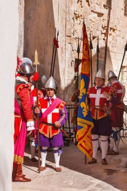 Valletta, Malta - 21 Şubat 2010 - Knights St John canlandırma sırasında sipariş. Turistler çit yerlerden olan performansı izle.