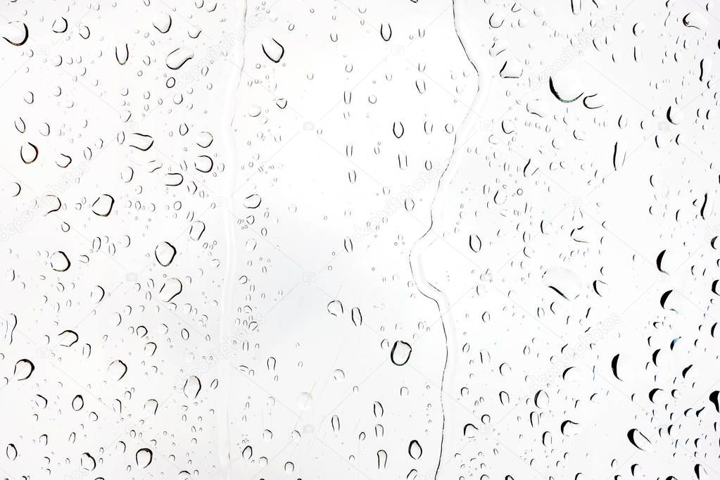 Rain drops on glass. Silhouettes of water drops on a transparent surface.