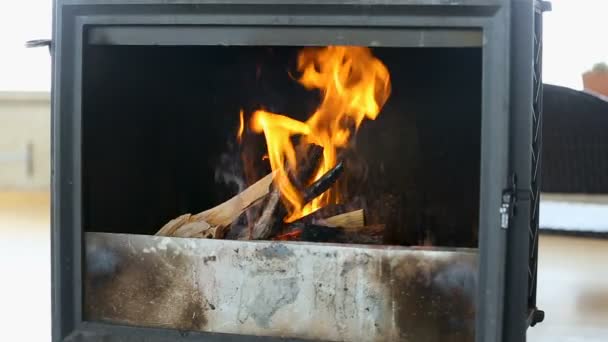 La legna brucia nella stufa. Fondo rurale con fiamme di fuoco . — Video Stock