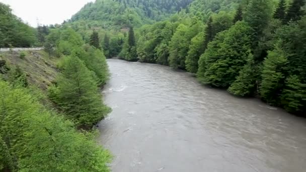 Swingende hangbrug over de rivier van een berg. Land van Svaneti (Georgia). — Stockvideo