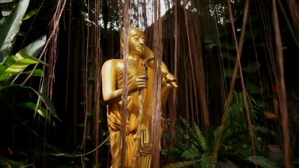 Escultura dorada en arbustos. Monte dorado Wat Saket Bangkok Tailandia — Vídeo de stock