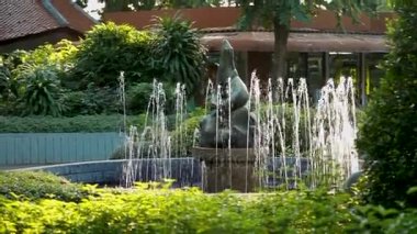 Fıskiyede bahçede günbatımında spouting. Bangkok, Tayland.