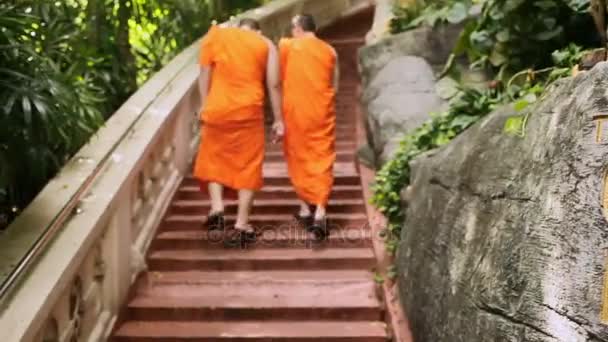 Dois monges vestidos de laranja sobem as escadas do Monte Dourado Wat Saket. Bangkok, Tailândia . — Vídeo de Stock