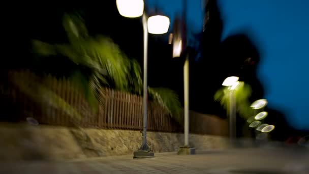 Callejón a lo largo del mar, iluminado por linternas. Disparo con lente bebé dulce 35mm — Vídeo de stock