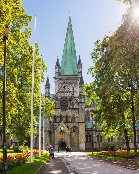Nidaros Katedrali (Nidarosdomen) güneşli yaz günü. Trondheim, Norveç.
