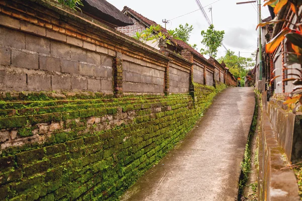 Ubud yosunlu tuğla duvarlı eski dar sokak. Bali Adası, Endonezya.