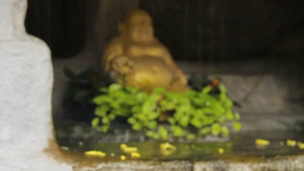 Статуя Золотого Будды в маленьком пруду с ручьем воды. Золотая гора Ват Сакет Бангкок Таиланд . — стоковое видео