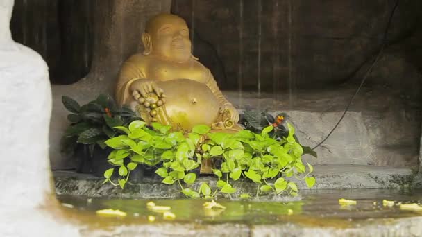 Statua di Buddha dorato in piccolo stagno con ruscello d'acqua. Monte d'oro Wat Saket Bangkok Thailandia . — Video Stock