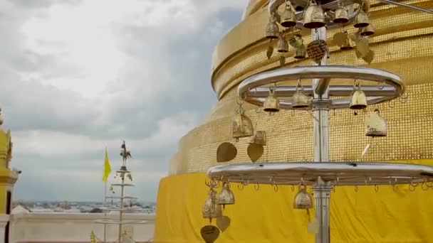 Sacral bells in Wat Saket Ratcha Wora Maha Wihan the Golden Mount . Bangkok Thailand. — Stock Video