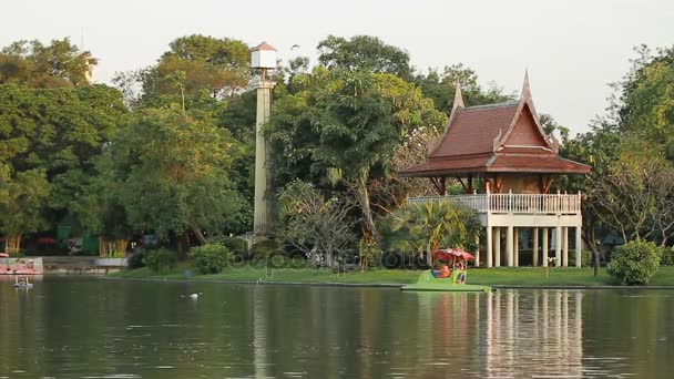 İnsanlar Dusit Hayvanat Bahçesi gölde bir katamaran sür. Bangkok, Tayland. — Stok video