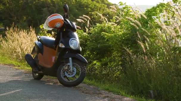 PHUKET, TAILANDIA - 18 de noviembre de 2012. Moto estacionado en la carretera cerca de los arbustos. Luz del atardecer a través de hierba verde . — Vídeo de stock