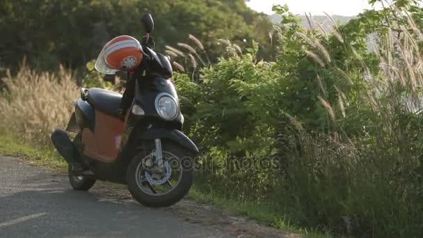 PHUKET, THAILANDIA - 18 novembre 2012. Moto parcheggiata sulla strada vicino ai cespugli. Luce del tramonto attraverso l'erba verde . — Video Stock