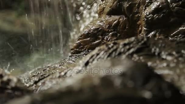 Pequena cascata. Água que flui sobre as rochas, rodeada de plantas. Wat Saket Golden Mount. Bangkok, Tailândia . — Vídeo de Stock