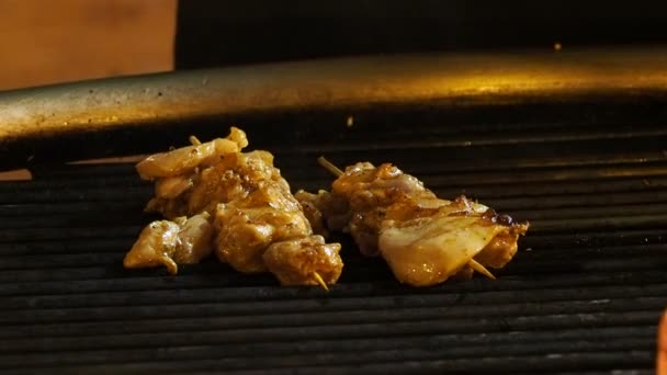 Kip sjasliek gebakken op buitengrill. De barbecue van het smakelijke vlees op kerstmarkt op het Rode plein. Moskou, Rusland. — Stockvideo