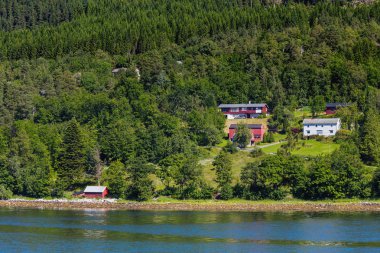 Tipik İskandinavya yatay, çayır ve köy. Kırmızı duvar ve çatı ile evler. Norveç.