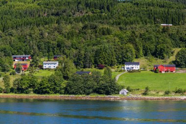 Tipik İskandinavya yatay, çayır ve köy. Kırmızı duvar ve çatı ile evler. Norveç.