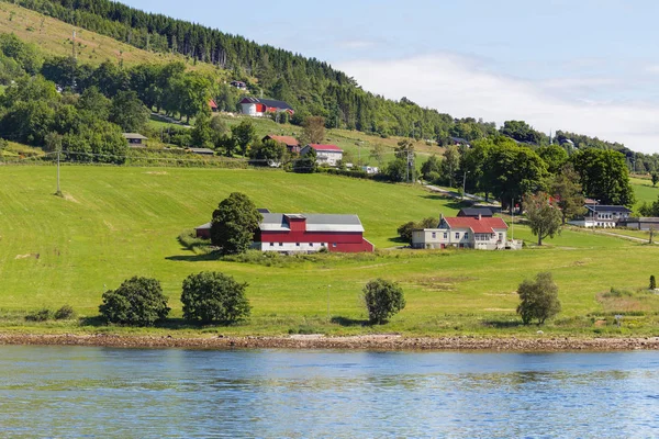 Τυπικό σκανδιναβικό τοπίο με λιβάδια και το χωριό. Σπίτια με κόκκινο τοίχους και στέγες, αγρούς και αγελάδες. Νορβηγία. — Φωτογραφία Αρχείου
