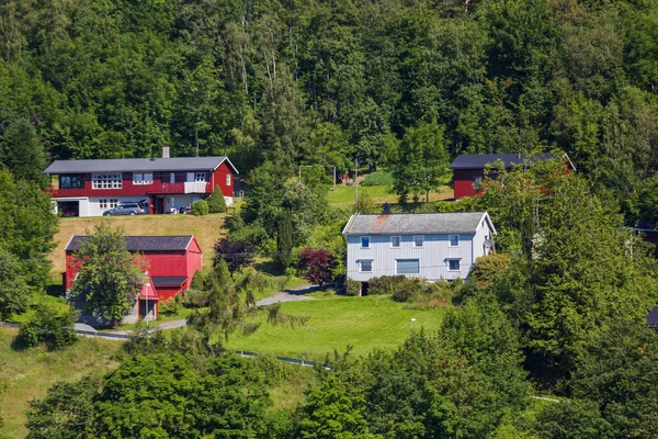 Typisch Scandinavische landschap met weilanden en dorp. Huizen met rode muren en daken. Noorwegen. — Stockfoto