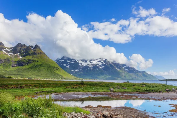 Typisch Scandinavische landschap met weiden, bergen en fjorden. Lofoten eilanden, Noorwegen. — Stockfoto