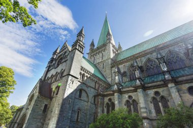 Nidaros Katedrali (Nidarosdomen) güneşli yaz günü. Trondheim, Norveç.
