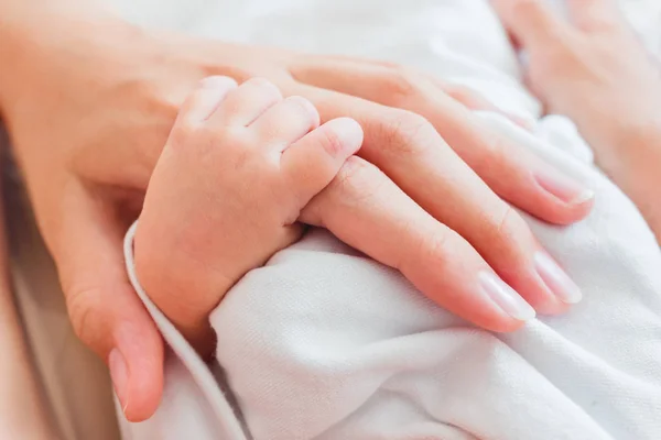 Neugeborenes hält seinen mütterlichen Finger. Hände winziger Babys und erwachsener Frauen. Moment der Zärtlichkeit. — Stockfoto