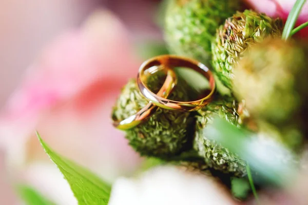 Los anillos de bodas dorados se encuentran en la flor de brunia en el ramo nupcial. Símbolo de amor y matrimonio . — Foto de Stock