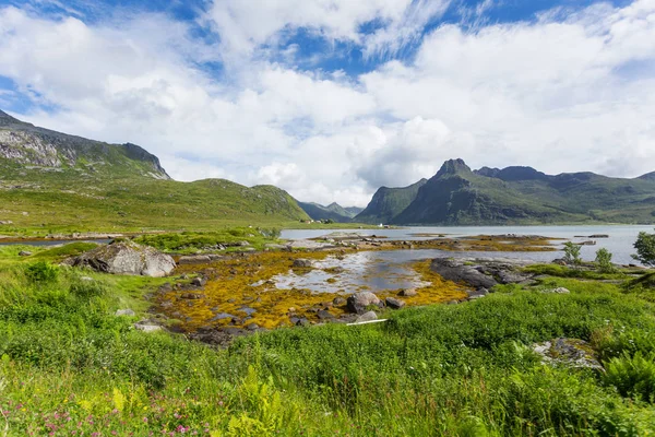 Prachtige Scandinavische landschap met bergen en fjorden. Lofoten eilanden, Noorwegen. — Stockfoto