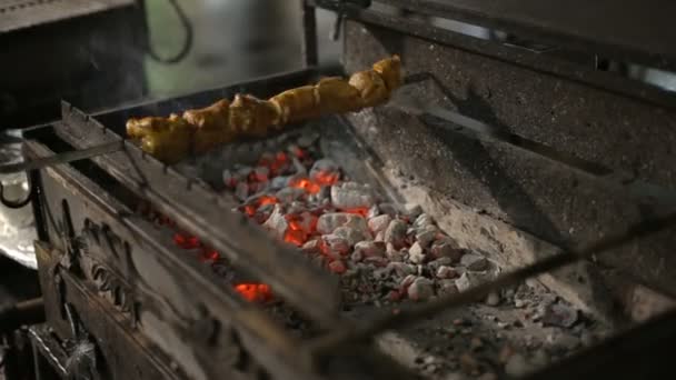 Een barbecuespies draaien op de grill. Verse dampende vlees Bbq. Street kar met grill. — Stockvideo