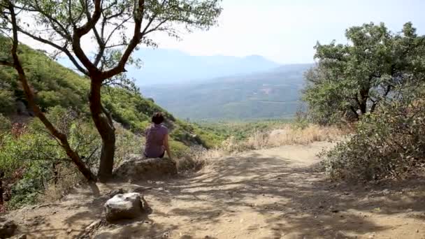 Egy fiatal nő ül kőbe vésve Ghost Valley-ben. Gyönyörű nyári táj. Demerdgi hegység, Krím. — Stock videók