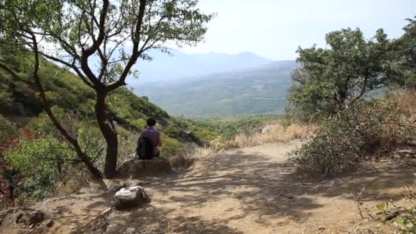 Egy fiatal nő ül kőbe vésve Ghost Valley-ben. Gyönyörű nyári táj. Demerdgi hegység, Krím. — Stock videók