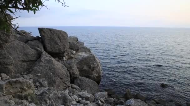 Deniz sörfü. Novy Svet köyündeki Golitsyn yolu yakınlarındaki kayalık sahilde sakin dalgalar esiyor. Kırım. — Stok video