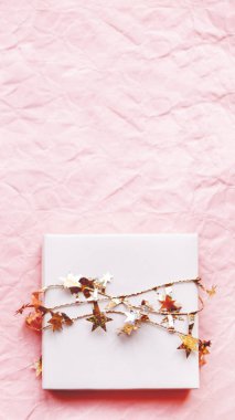 Sevgililer Günü hediyesi, üzerinde altın yıldız şeridi olan beyaz bir kutuda. Pembe buruşuk kağıt zemin üzerinde hediye kutusu. 