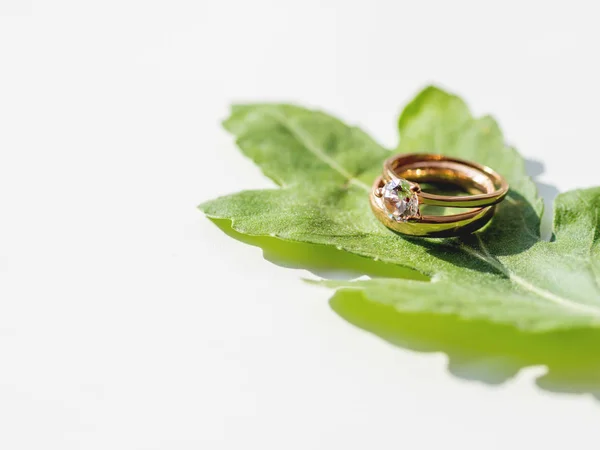 Pari häät ja kihlasormukset timantti vihreä lehti. Symboli rakkauden ja avioliiton valkoisella taustalla kopioi tilaa . — kuvapankkivalokuva