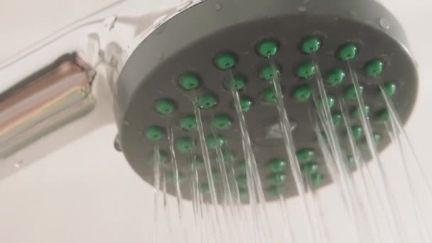 Bottom view on water streams. Metal shower head in white bathroom. Working plumbing equipment. — Stock Video