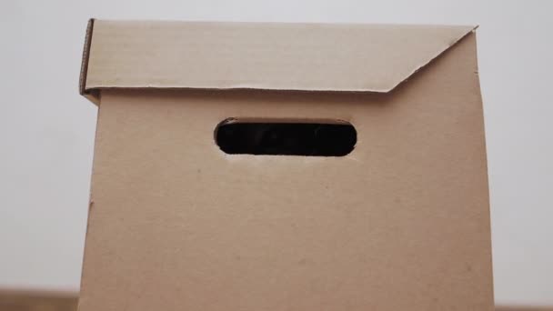 Симпатичный рыжий кот сидит в коробке, уставившись в дырку и играя с ниткой. Игривый пушистый зверь . — стоковое видео