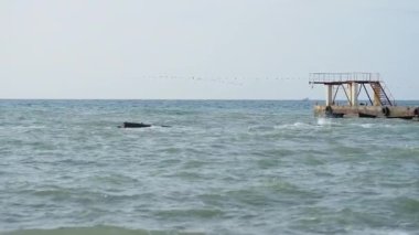 Deniz manzaralı güzel bir hava. Sahilden eski paslı iskelenin manzarası. Soçi, Rusya.