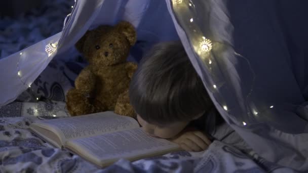 Kleiner Junge liest mit Taschenlampe. Kleinkind spielt im Zelt aus Leintuch auf dem Bett. Gemütlicher Abend mit Lieblingsbuch. — Stockvideo