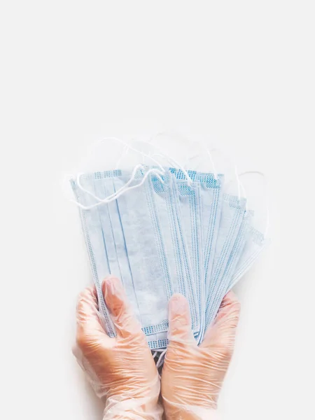 Top View Doctor Hands Pack Blue Protective Medical Masks Coronavirus — Stock Photo, Image