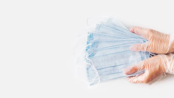 Top View Doctor Hands Pack Blue Protective Medical Masks Coronavirus — Stock Photo, Image