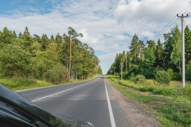 Yurt dışına seyahat yasağı nedeniyle yurt dışına yolculuk yasağı. Ev turizmi. Araba, güneşli yaz ormanlarında yolda ilerliyor..