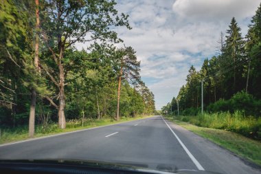 Yurt dışına seyahat yasağı nedeniyle yurt dışına yolculuk yasağı. Ev turizmi. Araba, güneşli yaz ormanlarında yolda ilerliyor..