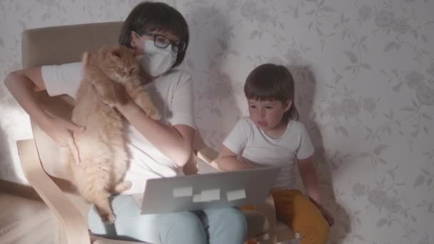 Ibu, anak balita dan kucing duduk bersama di kursi dengan laptop. Wanita mencoba untuk bekerja jauh, tapi anak-anak meminta permainan atau kartun. Penguncian karantina karena coronavirus COVID-19. 10bit V-logL — Stok Video