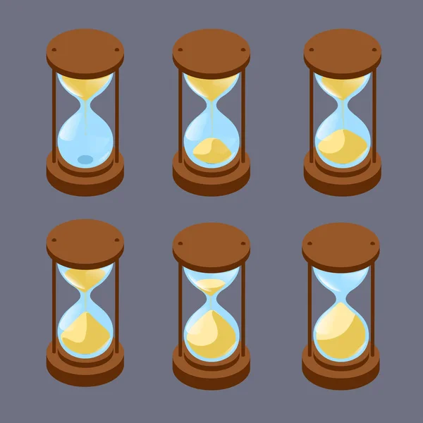 Set of hourglasses with flowing sand process — Stock Vector