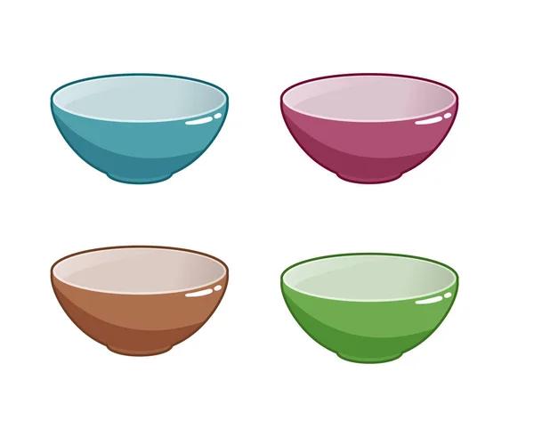 Set de cuencos vacíos de diferentes colores aislados sobre fondo blanco — Vector de stock