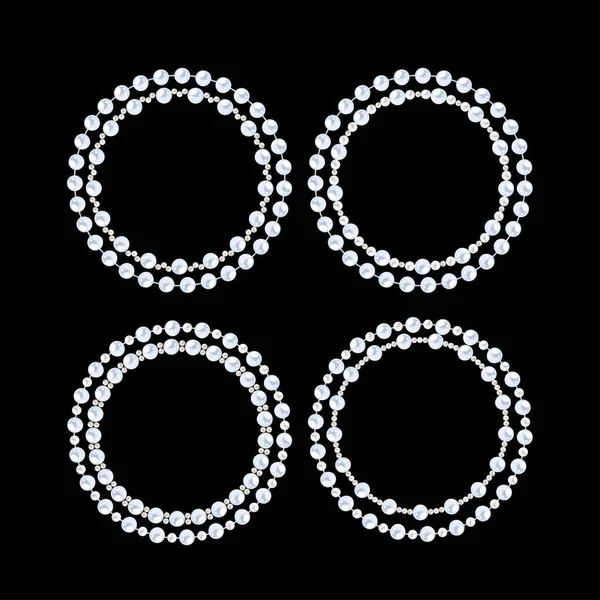Marcos de perlas redondas. Conjunto de círculos de perlas de doble cuerda aislados sobre fondo negro . — Vector de stock