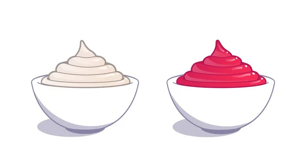 Tremper la sauce dans des bols. Rouge et blanc . — Image vectorielle
