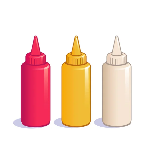 Botellas de ketchup, mostaza y mayonesa . Gráficos vectoriales