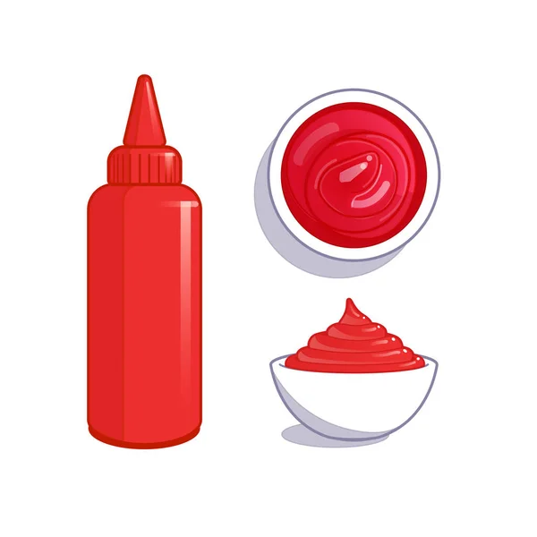 Ketchup-Sauce. In Flasche und Schale, von oben und von der Seite. — Stockvektor